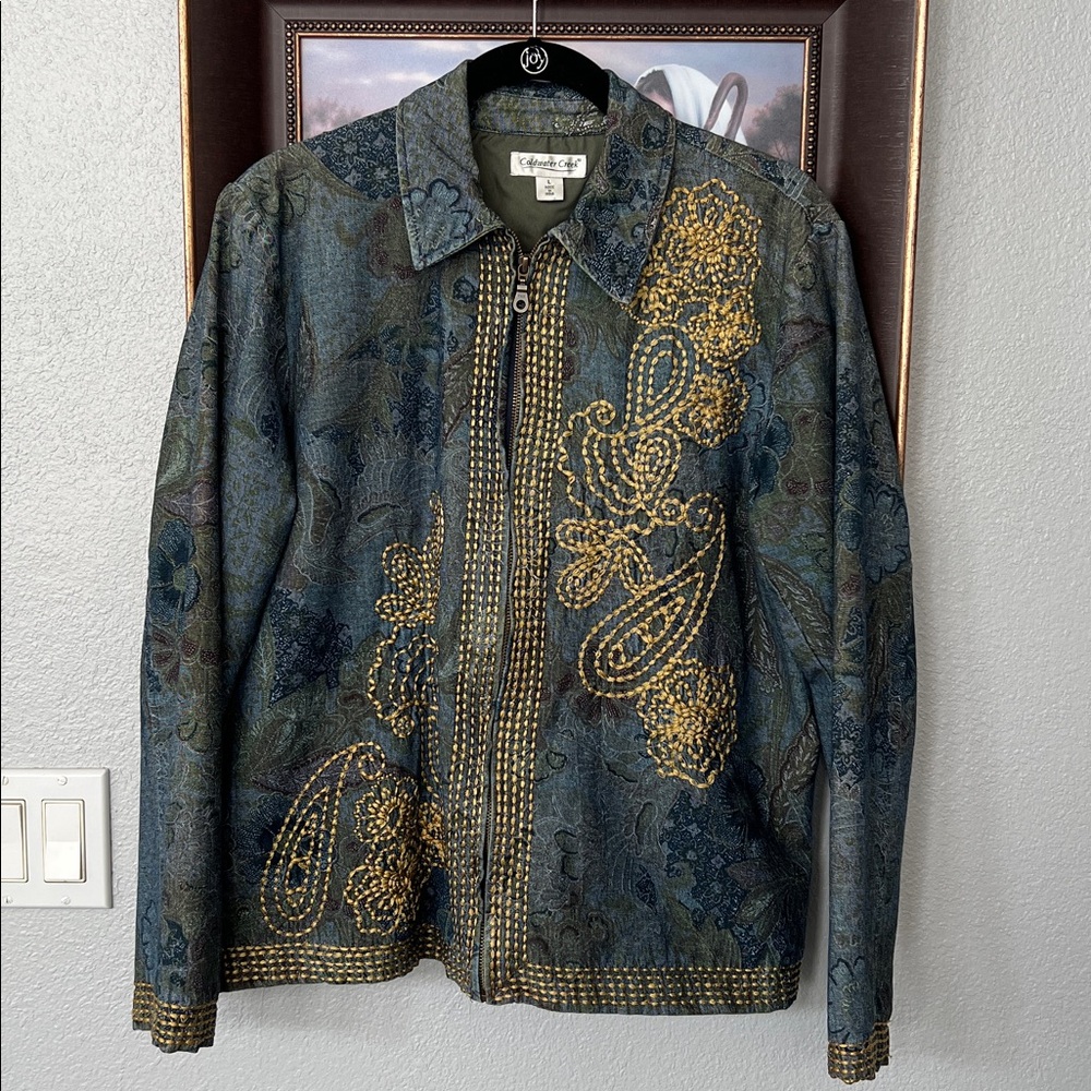 COLDWATER CREEK Denim Jacket Zip Lined Woven Floral Golden Embroidered Detail L